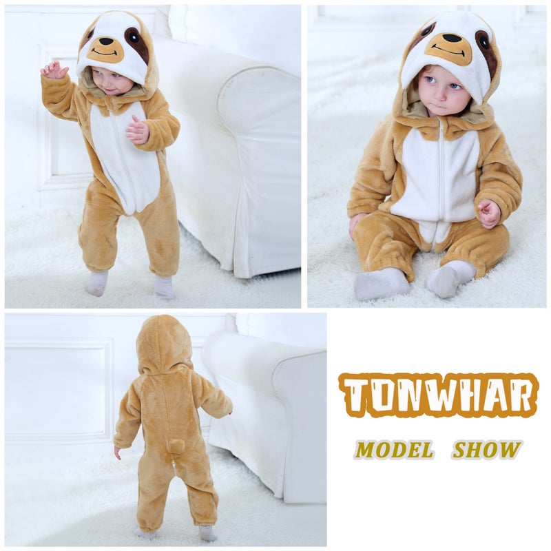 TONWHAR Kids' And Toddlers' Infant Tiger Dinosaur Animal Fancy Dress Costume Outfit Hooded Romper Jumpsuit (2-3 Months/Height:21"-23",Sloth) - Image 4